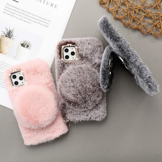 Picture of Winter Luxury Adorable Fluffy Plush Faux Rabbit Fur Protective Mobile Phone Case for iphone 13 Pro Max with Detachable Mirror